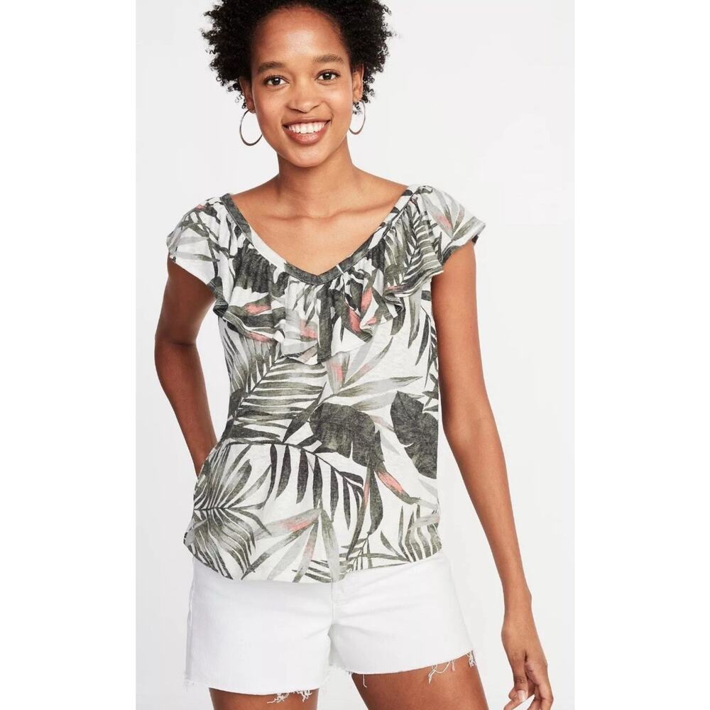 Old Navy Ruffle Trim Linen Blend Palm Print Top Size XL